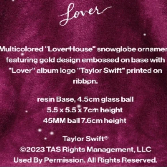 Taylor Swift Lover Snow Globe Ornament Official Flawless NEW IN BOX​